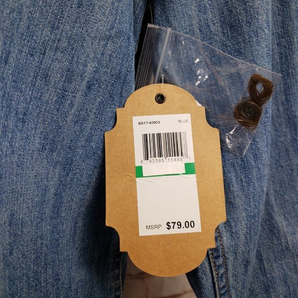 NWT Blake Shelton Mens Blue Denim Shirt Pearl Snap Western Guitar Pick Raw Hem - Picture 8 of 11